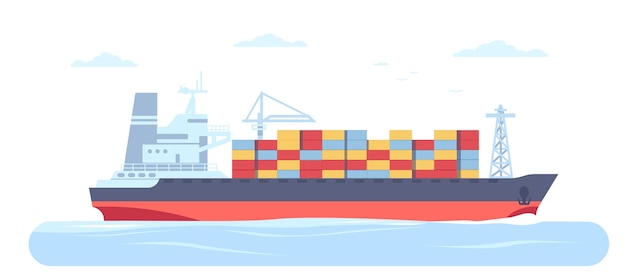 Buque de carga en el océano con contenedores de envío a bordo Entrega de mercancías Exportación de mercancía Transporte de cajas pesadas Transporte marítimo Transporte marítima Logística internacional Concepto vectorial