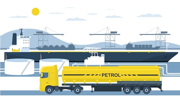 El buque cisterna con aceite se descarga en la terminal portuaria