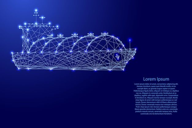 Buque portador de gas para el transporte de gas de petróleo licuado (GLP) de líneas azules poligonales futuristas y estrellas brillantes para tarjetas de felicitación de carteles de cartel Low Poly concepto Ilustración vectorial