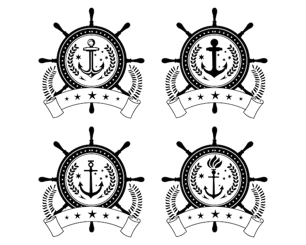 Vector buque y timón del barco volante con anclaje sobre el símbolo del logotipo del océano de la agua de la onda