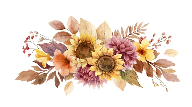 Buquet de otoño de ramas y hojas de dahlia de girasol