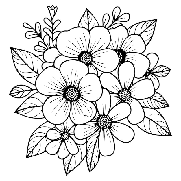 Buquete de flores página de colorear para niños plantilla vectorial