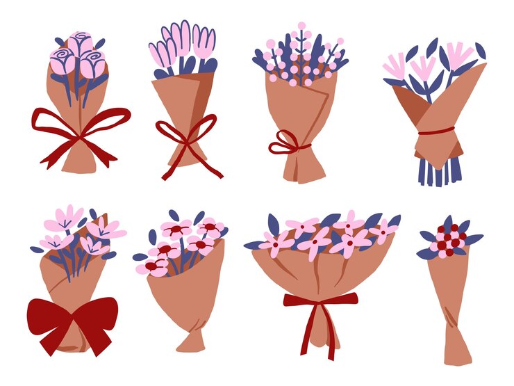 Vector buquetes de flores dibujados a mano con envoltura de kraft