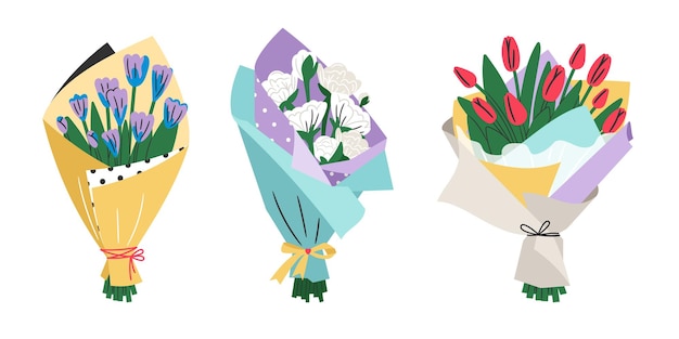 Vector buquetes de flores con peonía y tulipán en flor de dibujos animados flores de jardín vectoriales aisladas en envases de papel de colores conjunto de decoración botánica