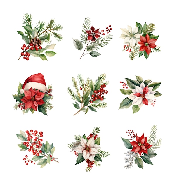 Buquetes navideños de acuarela con poinsettia, holly, muérdago, ramas de abeto, bayas y copos de nieve