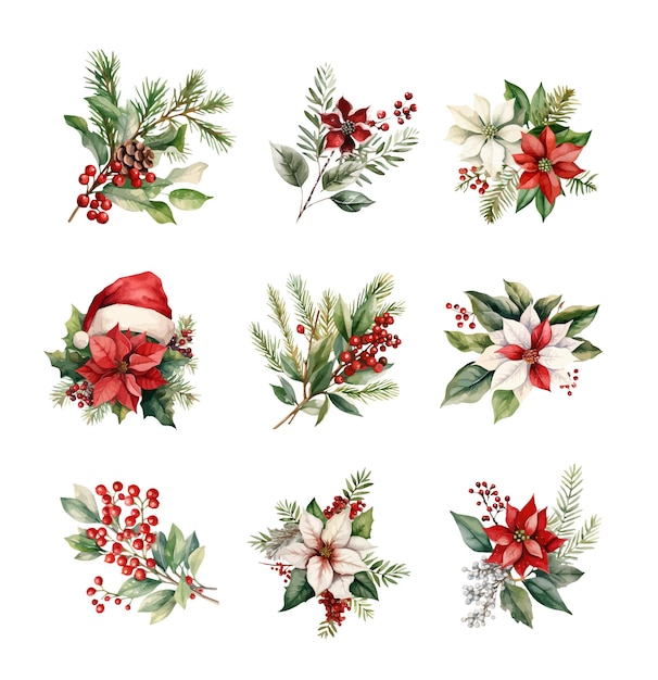 Vector buquetes navideños de acuarela con poinsettia, holly, muérdago, ramas de abeto, bayas y copos de nieve