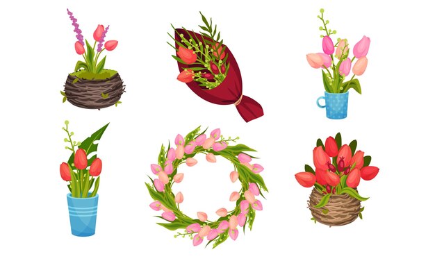 Buquetes de tulipanes envueltos en papel de embalaje y conjunto vectorial de macetas