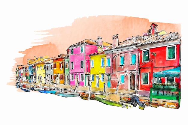 Burano veneto italia acuarela dibujado a mano ilustración aislada sobre fondo blanco