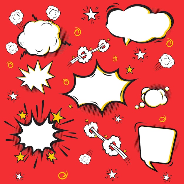 Vector una burbuja de diálogo al estilo de un cómic con un fondo rojo.