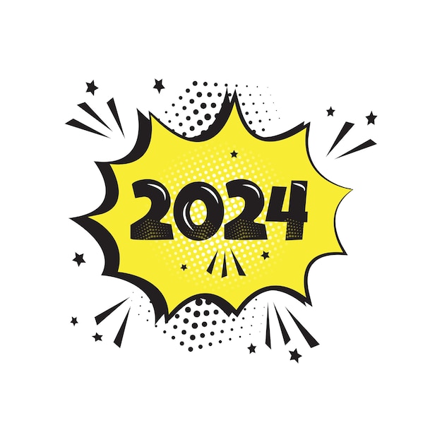 Vector burbuja de discurso cómico 2024 año nuevo nube de dibujos animados en estilo pop art cartel de navidad vector gracioso
