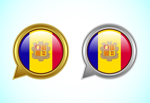 La burbuja de habla de la bandera de Andorra Icono de bandera de habla en color oro y plata