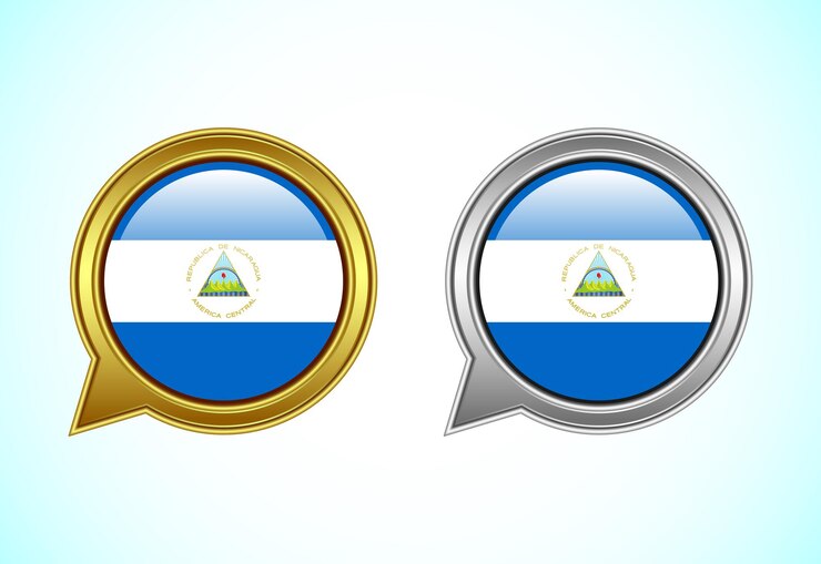 Vector burbuja de habla de la bandera de nicaragua icono de bandera de habla en color oro y plata