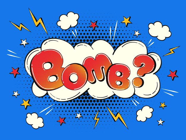 Burbuja de habla cómica en forma de nube con ilustración de efecto de medio tono con la palabra bomba