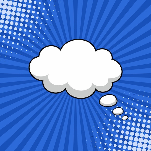 Burbuja de habla de nube en blanco aislada en fondo azul estilo de dibujos animados cómicos