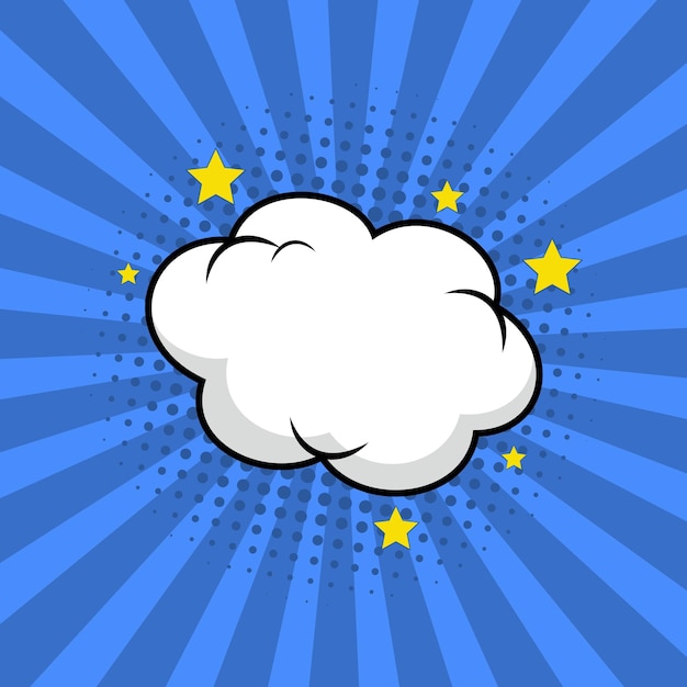 Burbuja de habla de nube en blanco aislada en fondo azul estilo de dibujos animados cómicos
