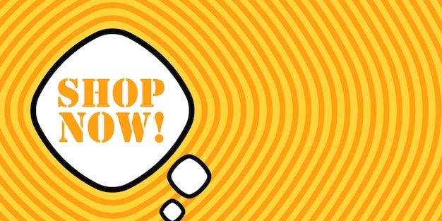 Burbuja de habla con tienda ahora texto Boom estilo cómic retro estilo arte pop icono de línea vectorial para negocios y publicidad