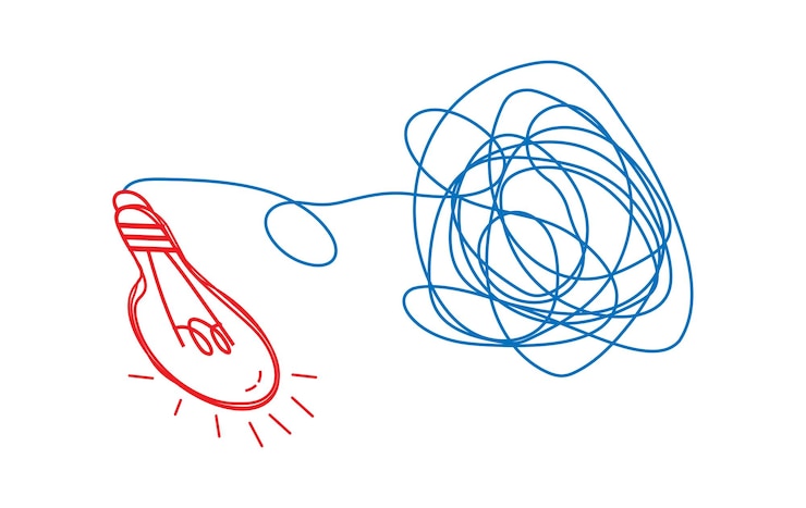 Vector burbuja de ideas de bombilla y dibujo de líneas de una ilustración de una bombilla eléctrica