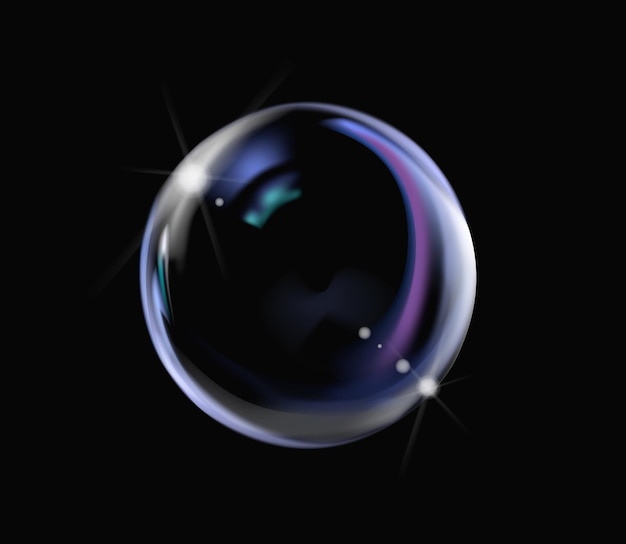 Burbuja de jabón realista con colores del arco iris sobre fondo negro Burbuja de jabón con miradas Vector de ilustración de burbuja