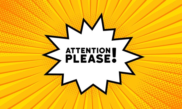 Burbuja de voz con atención, por favor envíe un mensaje de texto Boom estilo cómico retro Estilo de arte pop Icono de línea vectorial para negocios y publicidad