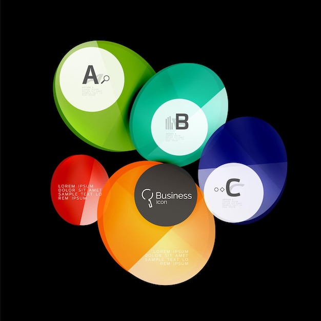 Burbuja de voz de círculos de color de vidrio brillante vectorial sobre fondo de plantilla de vector negro para opciones de número de diagrama de diseño de flujo de trabajo de impresión o banner de diseño web