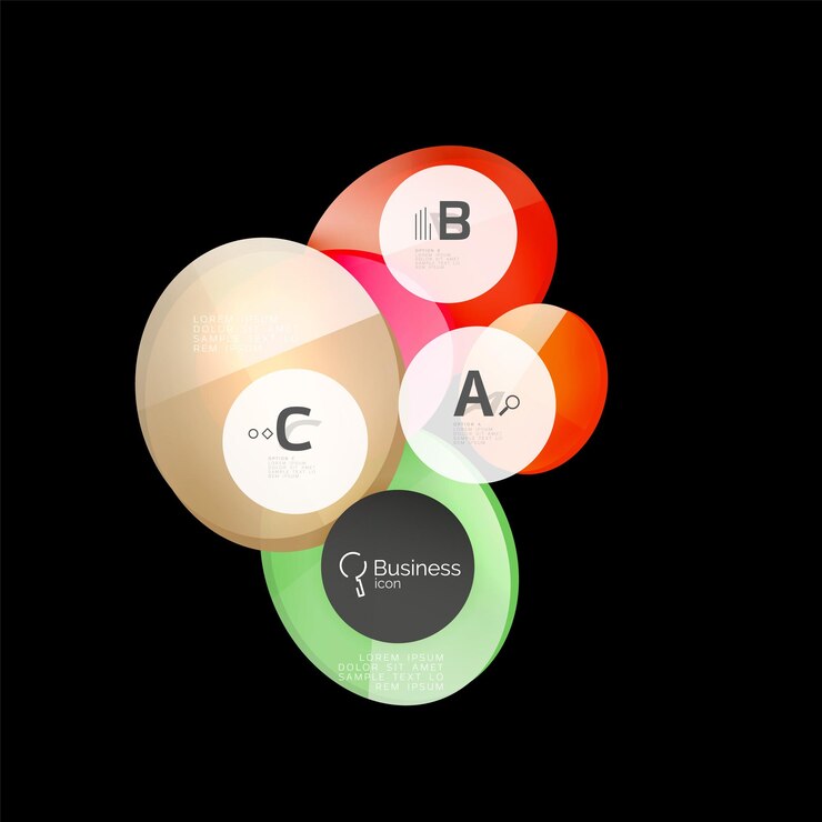 Vector burbuja de voz de círculos de color de vidrio brillante vectorial sobre fondo de plantilla de vector negro para opciones de número de diagrama de diseño de flujo de trabajo de impresión o banner de diseño web