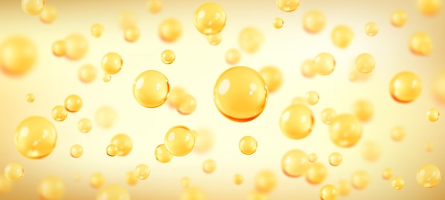 Burbujas de aceite dorado colágeno líquido o suero concepto de solución cosmética para el cuidado de la piel vector realista