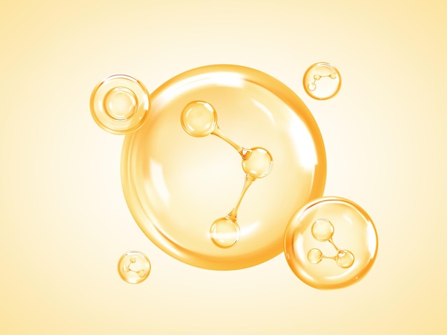 Burbujas de aceite sosmético líquido transparente con moléculas dentro de suero de piel de colágeno esencia cosmética