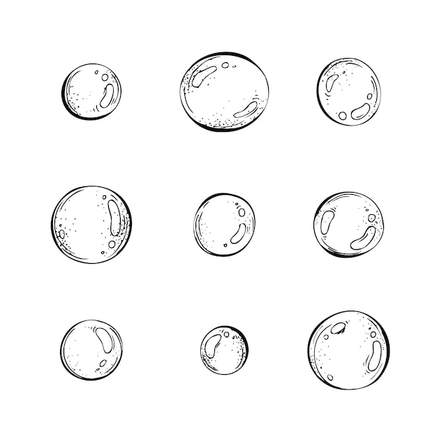 Burbujas de agua diferentes Ilustración dibujada a mano en blanco y negro en técnica gráfica Objetos vectoriales aislados de la colección GRÁFICOS NÁUTICOS en formato EPS Para decoración y diseño
