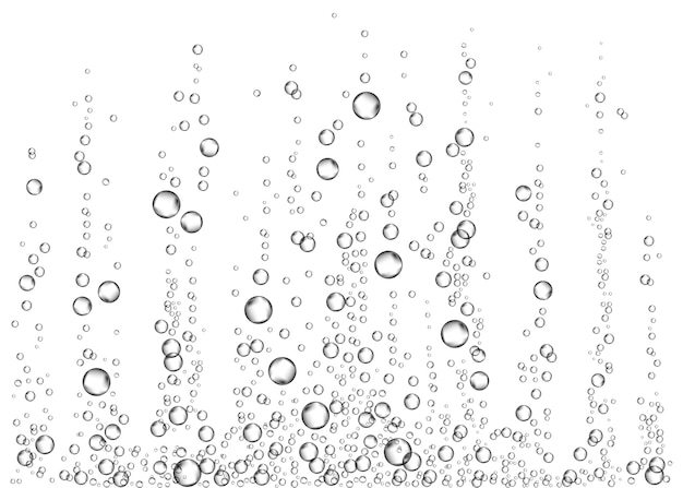 Burbujas de aire efervescentes bajo el agua sobre fondo blanco.