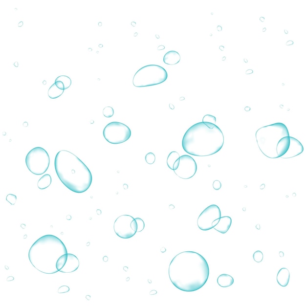 Las burbujas de aire de oxígeno fluyen en el agua sobre fondo blanco Destellos gaseosos en el acuario marino Soda pop Champán Tableta efervescente Textura vectorial submarina