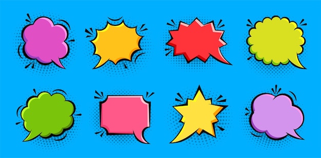 Burbujas de arte pop de dibujos animados con sombra de semitonos Conjunto de iconos de burbujas de discurso de boceto retro Explosión épica divertida página cómica diálogo texto mensaje globo plantilla formas Boom burst wow efecto marco vacío