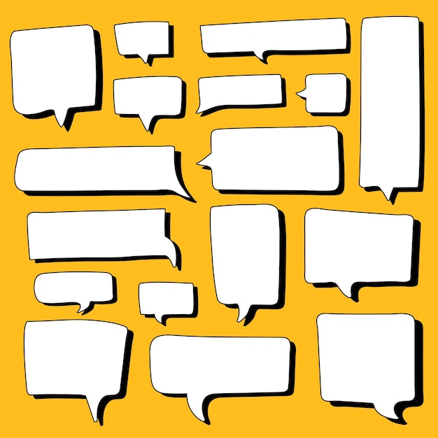 Burbujas de chat de dibujos animados cuadrados y rectangulares sobre fondo amarillo. Pegatinas de nubes de discurso cómico