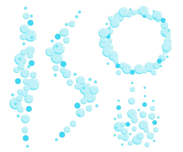 Vector burbujas de dibujos animados de bebida gaseosa, aire o jabón. corrientes verticales de agua.