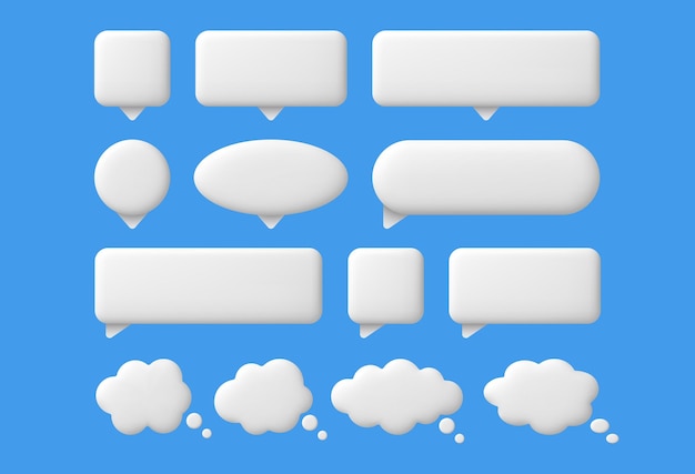 Burbujas de discurso 3d Mensaje de chat blanco burbuja de texto pensamiento y diálogo globos vacíos Nubes cómicas de pensamiento caja de conversación en línea conjunto de vectores aislados Notificaciones de comunicación en redes sociales