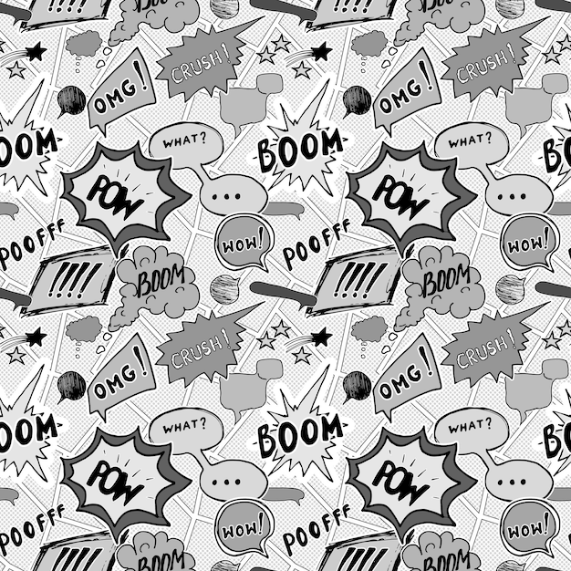Burbujas de discurso de cómic y efectos de sonido de dibujos animados ilustración vectorial de patrones sin fisuras