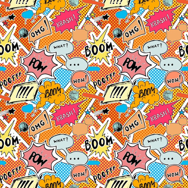 Burbujas de discurso de cómic y efectos de sonido de dibujos animados ilustración vectorial de patrones sin fisuras