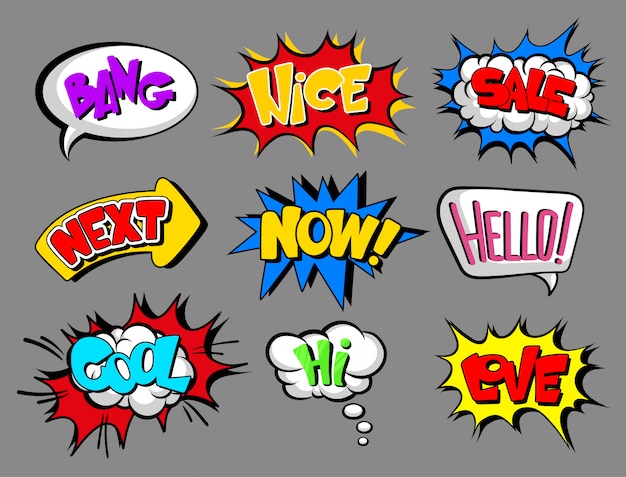Burbujas de discurso cómico con conjunto de texto, explosión, agradable, venta, siguiente, ahora, hola, genial, amor, hola, nube de efectos de sonido Ilustraciones