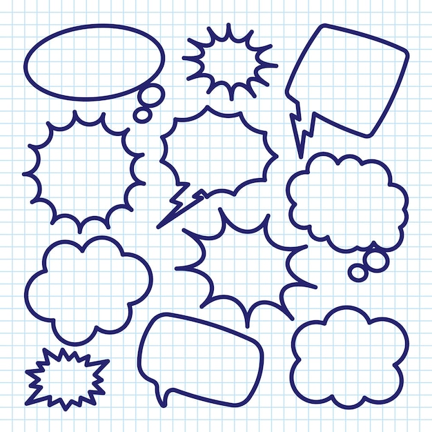 Burbujas de discurso cómico dibujadas a mano en una hoja de papel a cuadros Cuaderno escolar para dibujar Sticker de dibujos animados retro sencillos Caja de mensajes de chat Ilustración vectorial