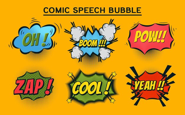 Burbujas de discurso cómico con diferentes emociones y texto Vector ilustración de dibujos animados dinámico brillante