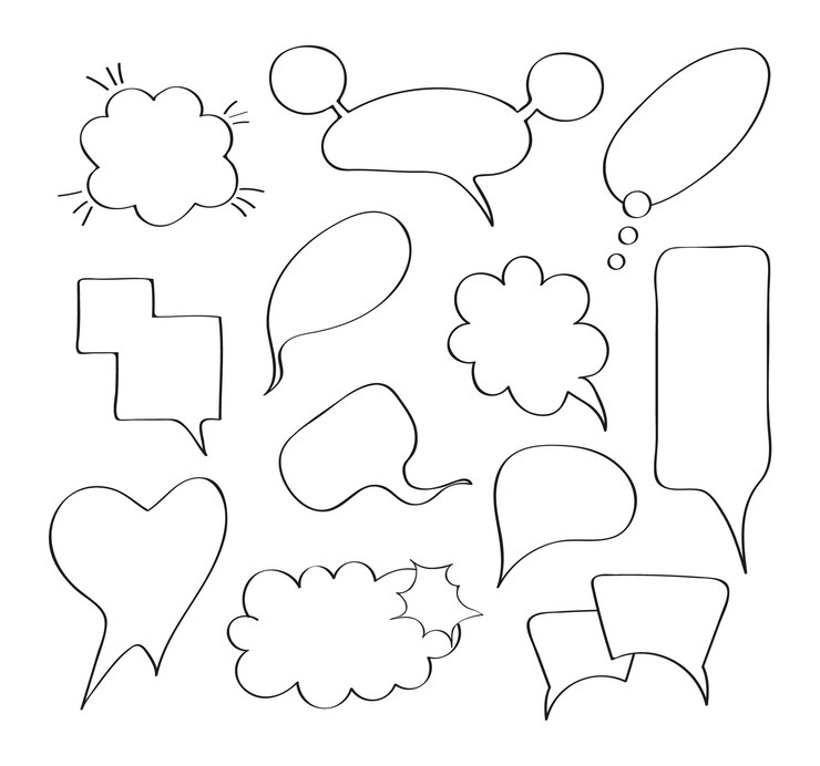 Vector burbujas de discurso cómico establecen vector en estilo dibujado a mano masajes y signos de conversación para la aplicación webexplosiones de bocetos cómicos