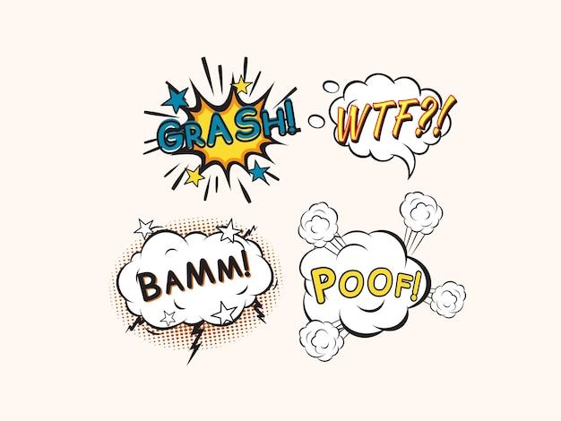 Burbujas de discurso cómico en estilo pop art con bomba explosión de dibujos animados splach powl snap boom poof texto se