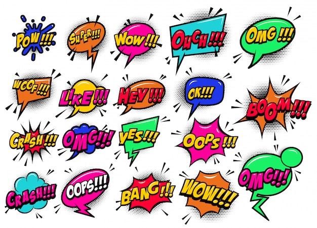 Las burbujas de discurso cómico reventaron el boom, wow, hey, ok, omg, crash. Para carteles, tarjetas, pancartas, volantes. imagen