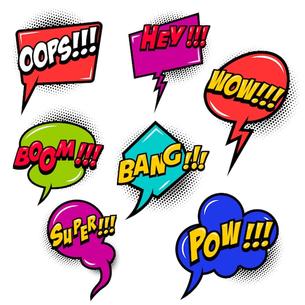 Las burbujas de discurso cómico reventaron el boom, wow, hey, ok, omg, crash. Para carteles, tarjetas, pancartas, volantes. imagen