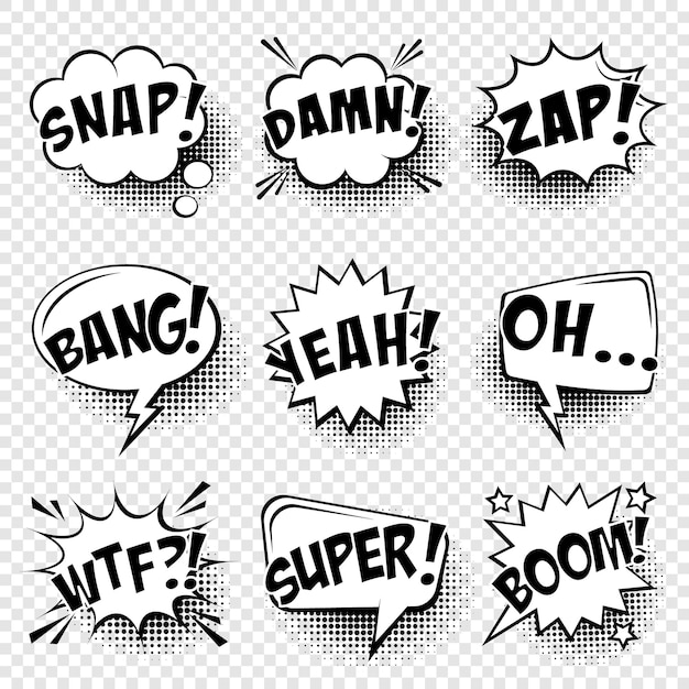 Burbujas de discurso cómico con sombras de medio tono y adhesivos de dibujos animados retro dibujados a mano