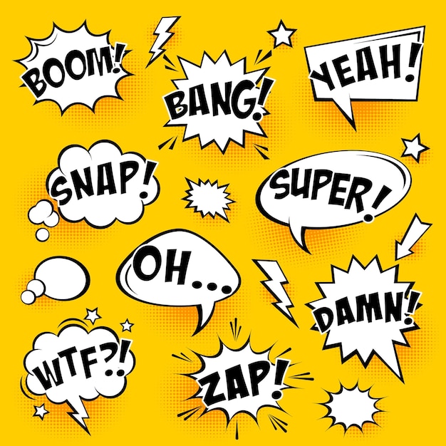 Burbujas de discurso cómico con sombras de medio tono y texto en fondo amarillo dibujado a mano dibujos animados retro