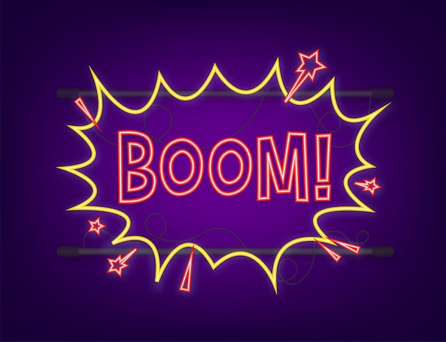 Burbujas de discurso cómico con texto Boom. Icono de neón. Símbolo, etiqueta adhesiva, etiqueta de oferta especial, insignia publicitaria. Ilustración de stock vectorial.