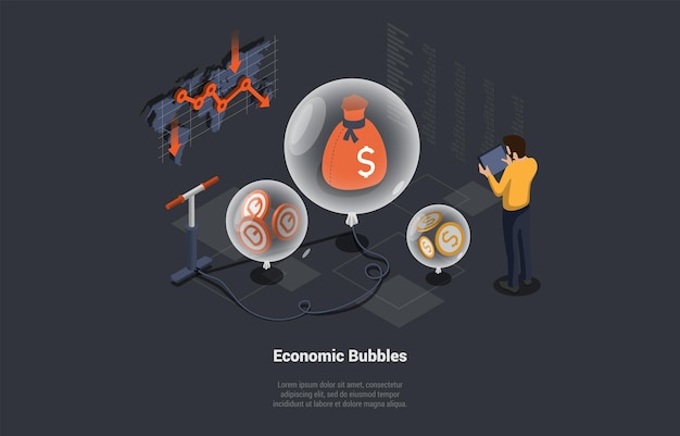 Burbujas económicas startup ponzi scheme financial pyramid venture inversiones de alto riesgo personaje o fondo de riesgo hacer inversiones de riesgo para obtener ganancias ilustración vectorial isométrica 3d