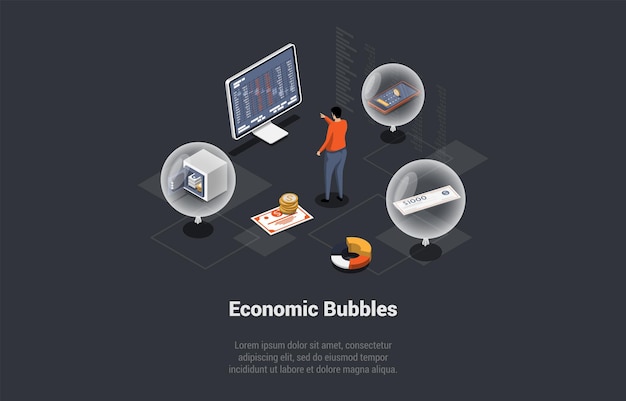 Burbujas económicas Startup Ponzi Scheme Pirámide financiera e inversiones de riesgo Hombre Analista de acciones o fondo de riesgo Hacer inversiones de riesgo para obtener ganancias Ilustración de vector 3d isométrica