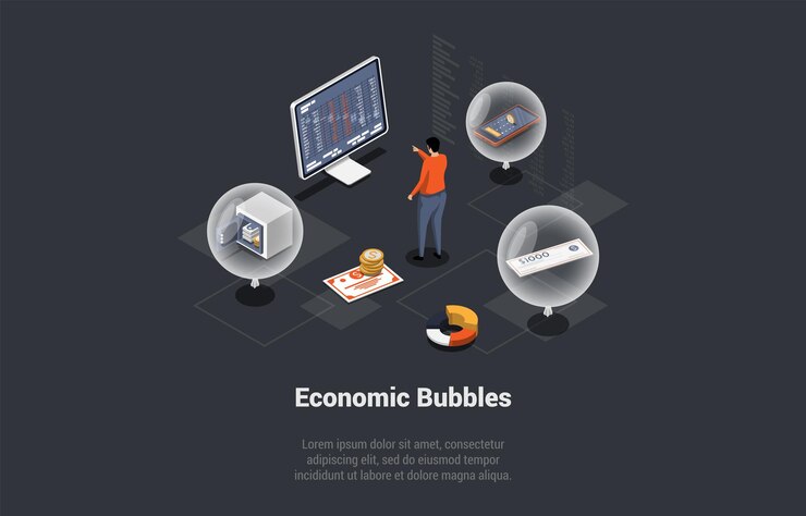 Vector burbujas económicas startup ponzi scheme pirámide financiera e inversiones de riesgo hombre analista de acciones o fondo de riesgo hacer inversiones de riesgo para obtener ganancias ilustración de vector 3d isométrica