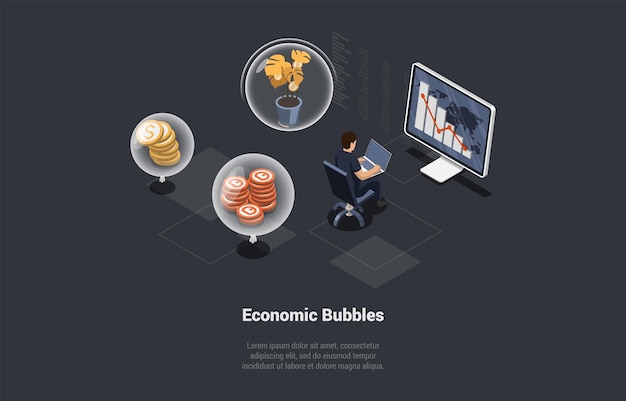 Burbujas económicas Startup Ponzi Scheme Pirámide financiera Venture Inversiones de alto riesgo Personaje masculino Hacer inversiones de riesgo para obtener ganancias Isométrico 3d Ilustración vectorial de dibujos animados